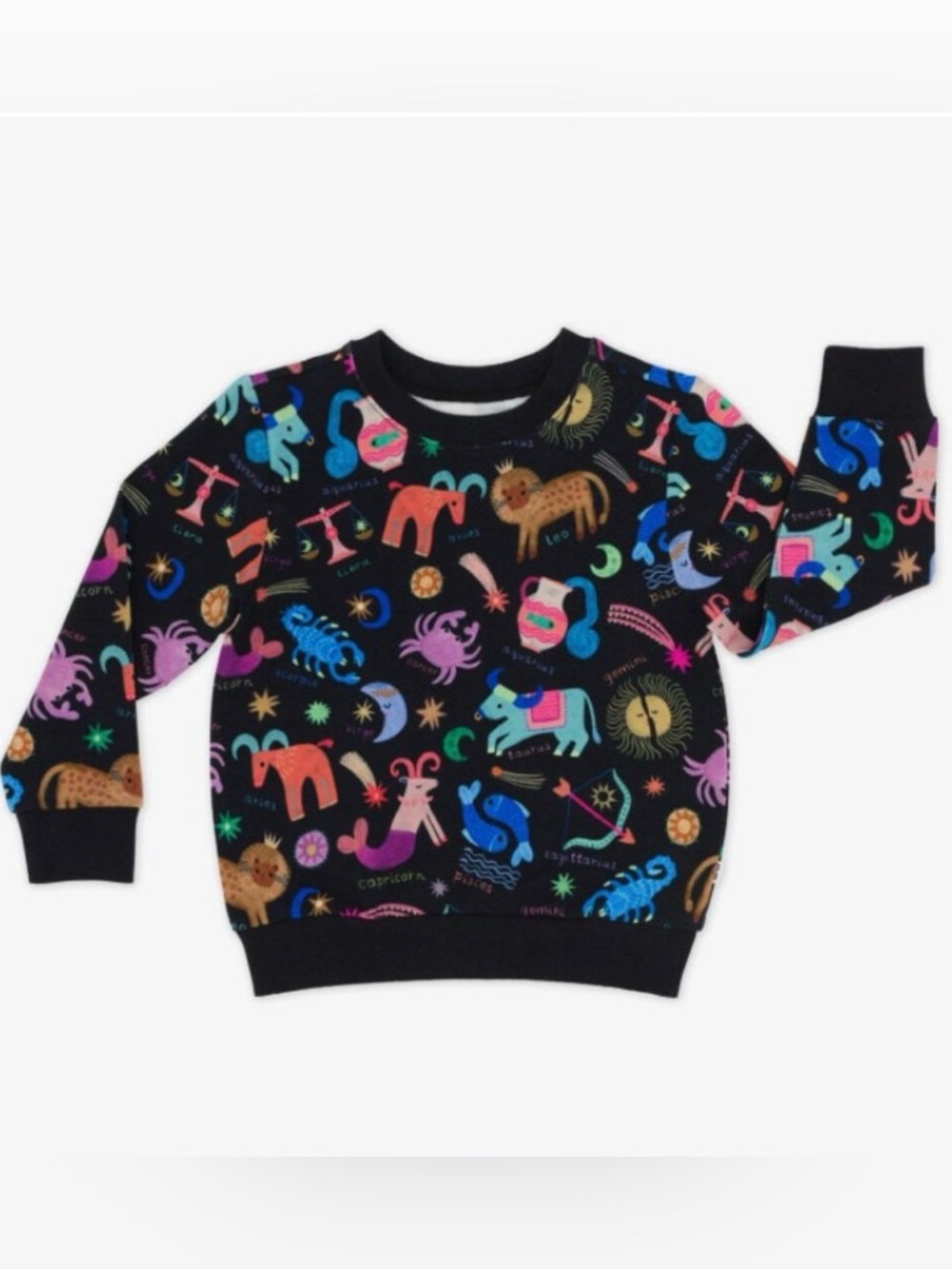 Little Sleepies Black Zodiac Print Crewneck Sweatshirt with Multicolor Signs